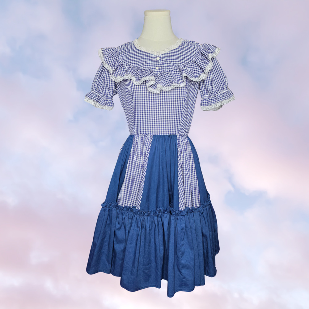 Vtg 60s Jeri Bee Blue White Ruffle Cottage Prairie Dainty Gingham Whimsy Dress 4
